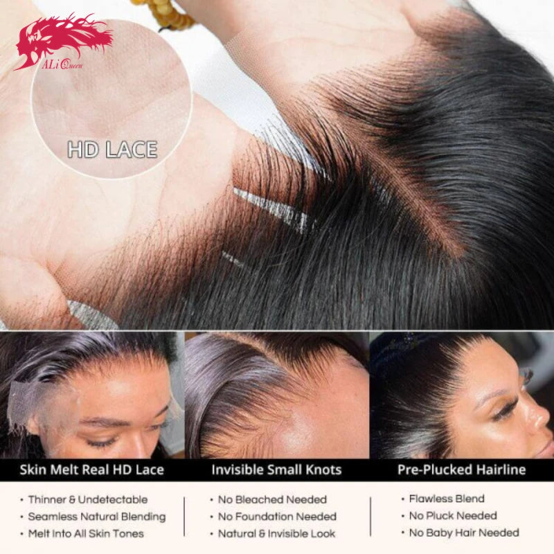 Ali Queen Hair Products 4x4 5x5 6x6 7x7 HD Lace Closure Invisible Melt Skin Full Frontal 13x6 13x4 Indian Virgin Hair