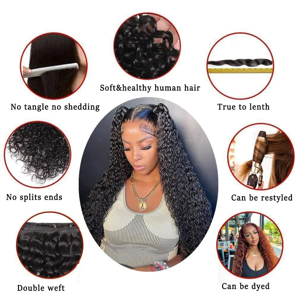 Deep Wave Human Hair Bundles with Closure 100% Unprocessed Virgin Human Hair 3 Bundles With Transparent Lace Frontal Natural 1B