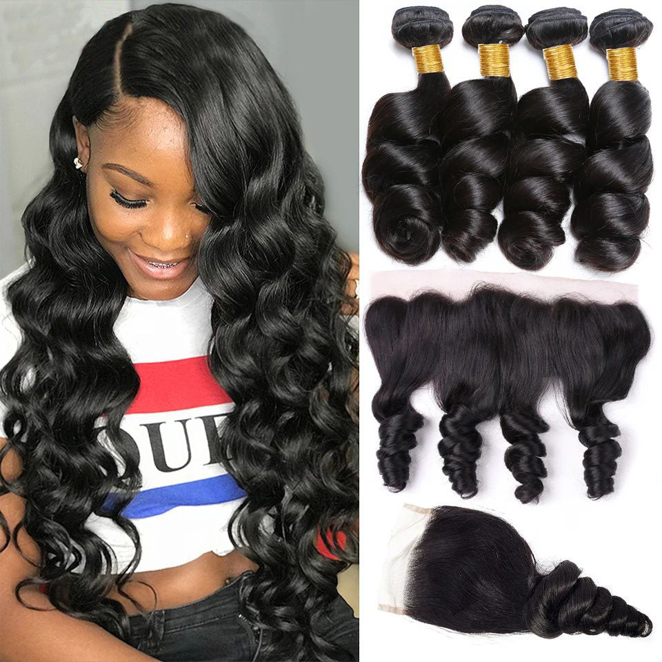 12A Brazilian Loose Wave Bundles With 13x4 Lace Frontal 100% Virgin Human Hair Loose Wave Bundles With 4x4 Closure Natural Color