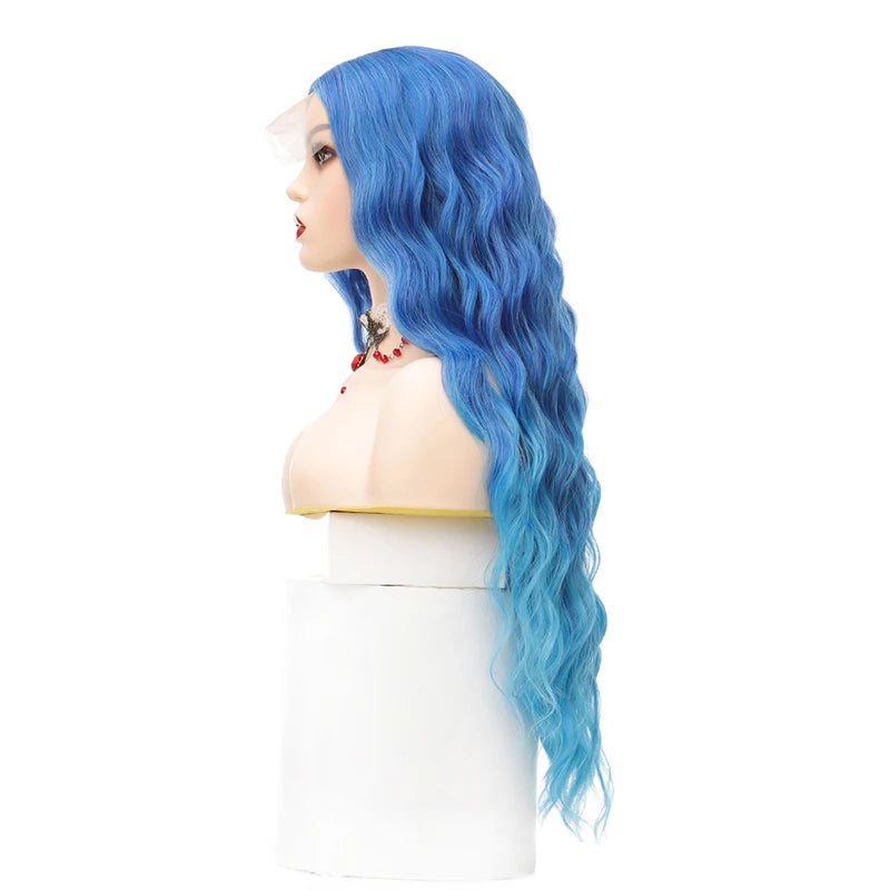 Synthetic Lace Wig 29 Inch Gradient blue Long Wavy hair Lace Wig For Women High Temperature Fiber Natural Hair Cosplay Wigs