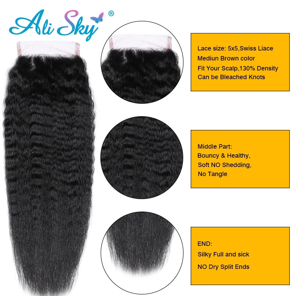 5x5 Lace Closure Kinky Straight Frontal Closure Pre Plucked With Baby Hair Bleached Knots Virgin Unprocessed Hair Yaki Straight