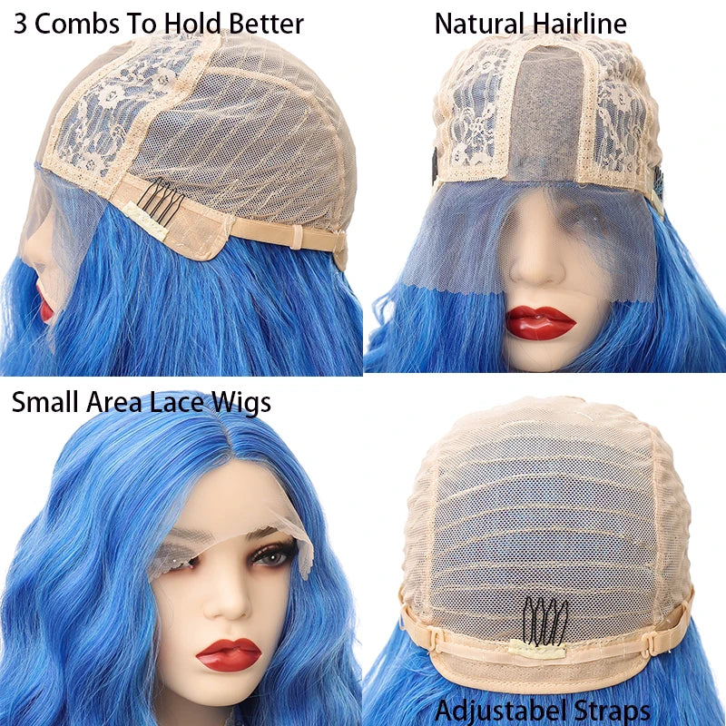 Synthetic Lace Wig 29 Inch Gradient blue Long Wavy hair Lace Wig For Women High Temperature Fiber Natural Hair Cosplay Wigs