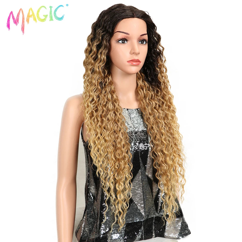 Magic Synthetic Lace Wig Wave Wigs Omber Blonde Wig High Temperature Fiber Curly Hair Wigs For Women Cosplay Lace Front Wig