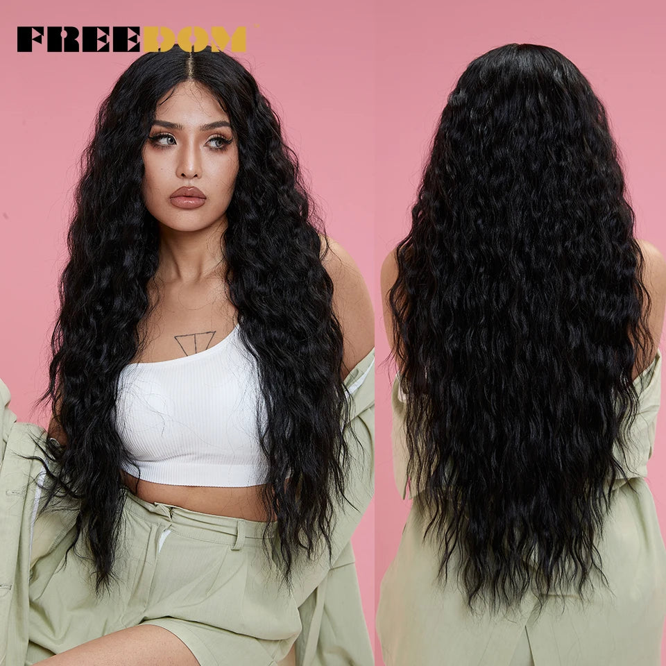 FREEDOM Synthetic Lace Wig Long Deep Wavy Ombre Blonde High Temperature Wigs Synthetic Wigs For Black Women Cosplay Wigs
