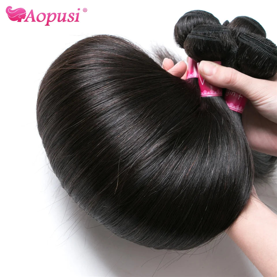 Aopusi Straight Hair Bundles With Frontal Human Hair Bundles With Frontal Brazilian Hair Weaving With 13X4 Lace Hair Extensions