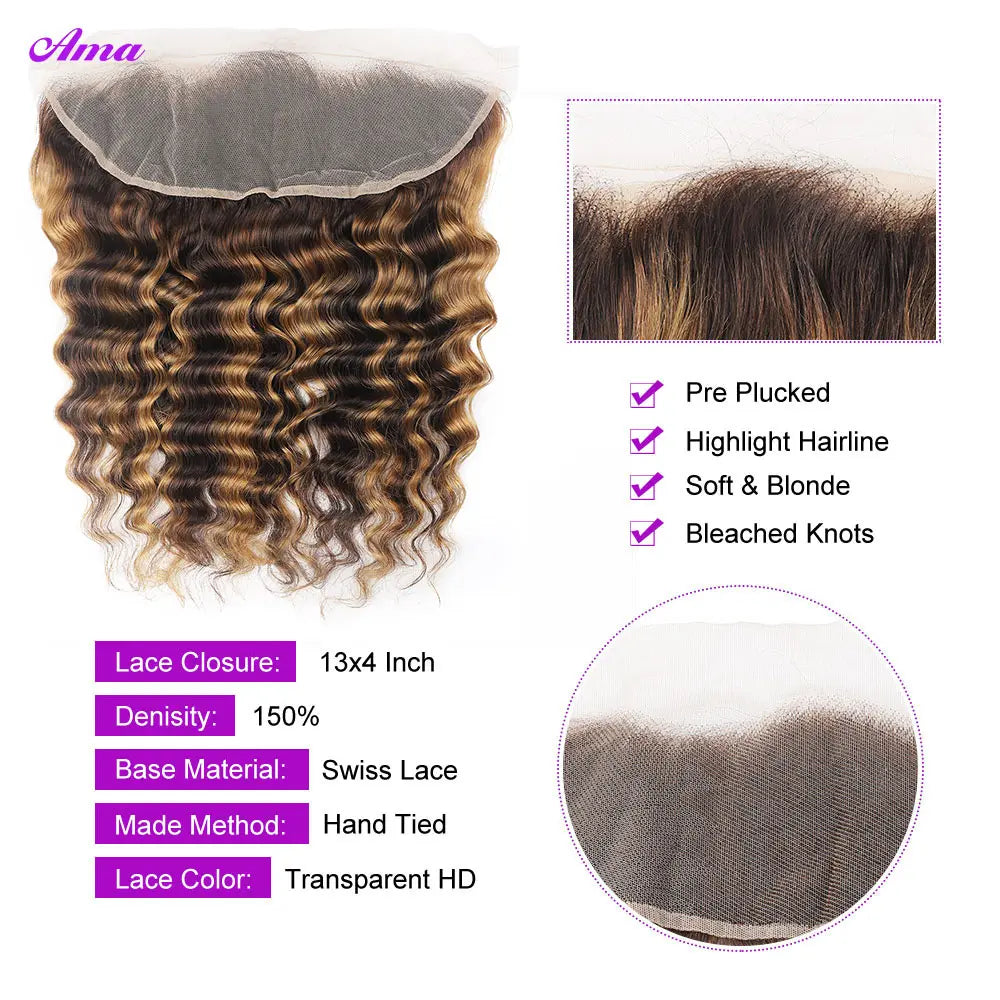 Ama Highlight Bundles With Frontal Loose Deep Wave Bundles With Frontal 13x4 inch Human Hair Bundles With Fronal Pre Plucked