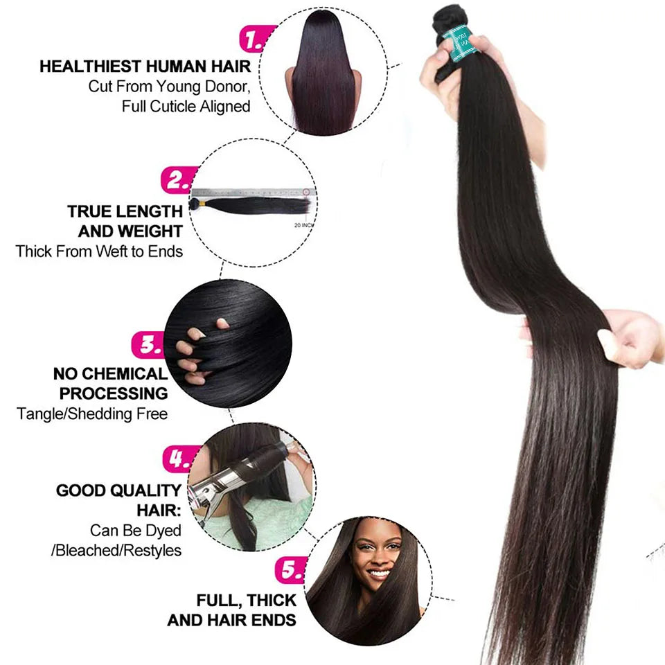 ALI GRACE Hair Brazilian Straight Hair Bundles 1/3/4 Pcs Straight Human Hair Bundles 28 30 32 Inch Remy Hair Weave Natural Color