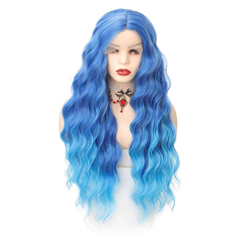 Synthetic Lace Wig 29 Inch Gradient blue Long Wavy hair Lace Wig For Women High Temperature Fiber Natural Hair Cosplay Wigs