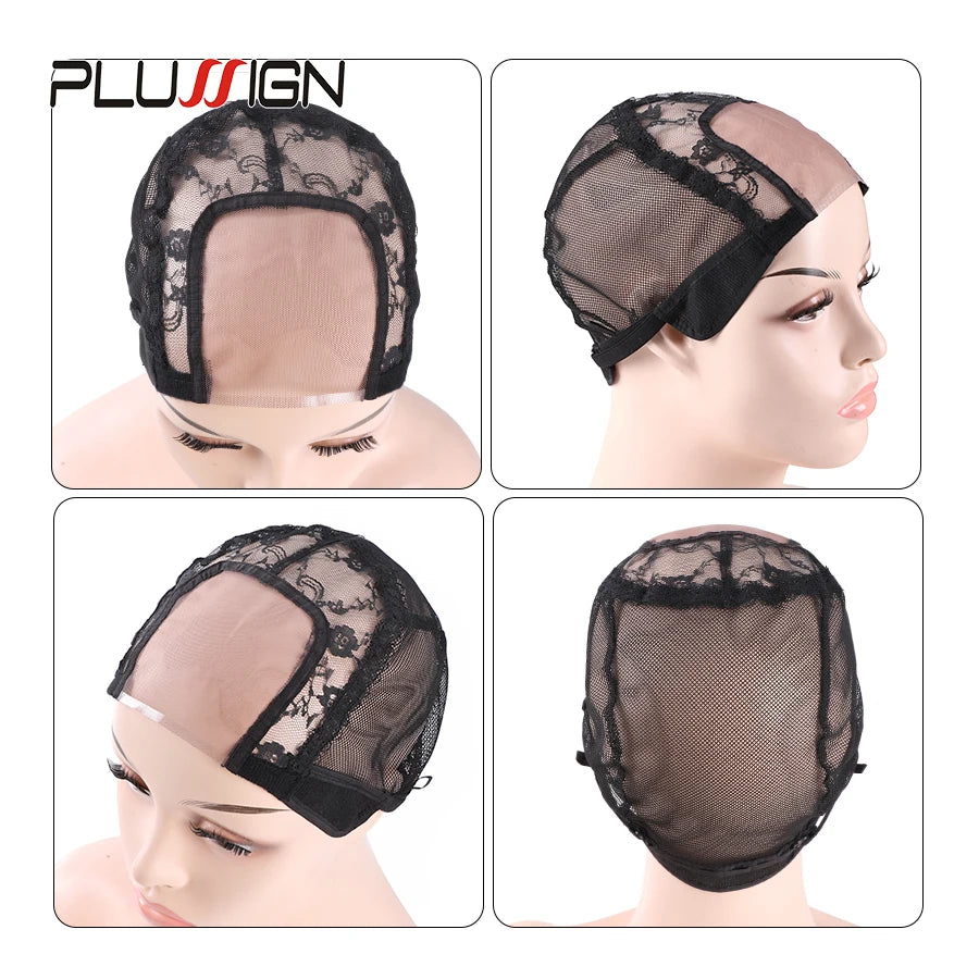 Plussign U Part Swiss Lace Wig Cap Black Hairnet Wig Caps For Making Wigs Weaving Cap With Adjustable Strap Wig Making Tools