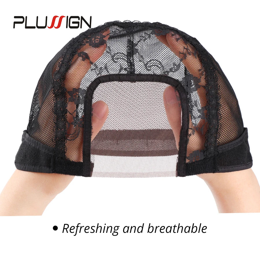 Plussign U Part Swiss Lace Wig Cap Black Hairnet Wig Caps For Making Wigs Weaving Cap With Adjustable Strap Wig Making Tools