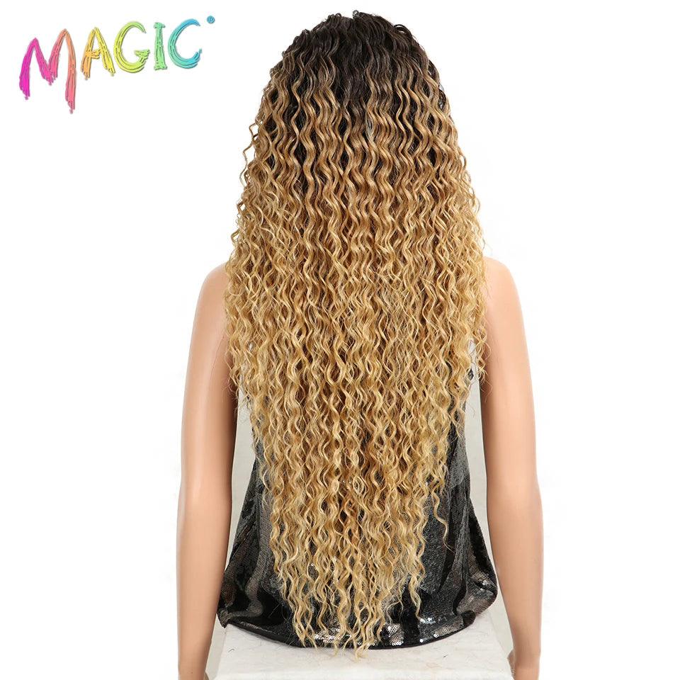 Magic Synthetic Lace Wig Wave Wigs Omber Blonde Wig High Temperature Fiber Curly Hair Wigs For Women Cosplay Lace Front Wig