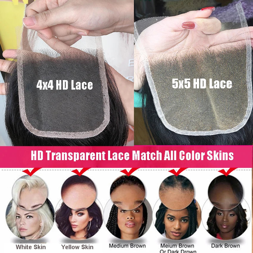 Lemoda 4x4 5x5 6x6 HD Lace Closure Straight Transparent Lace Frontal Closure Peruvian Remy Human Hair 14-24 Inch Lace Closure