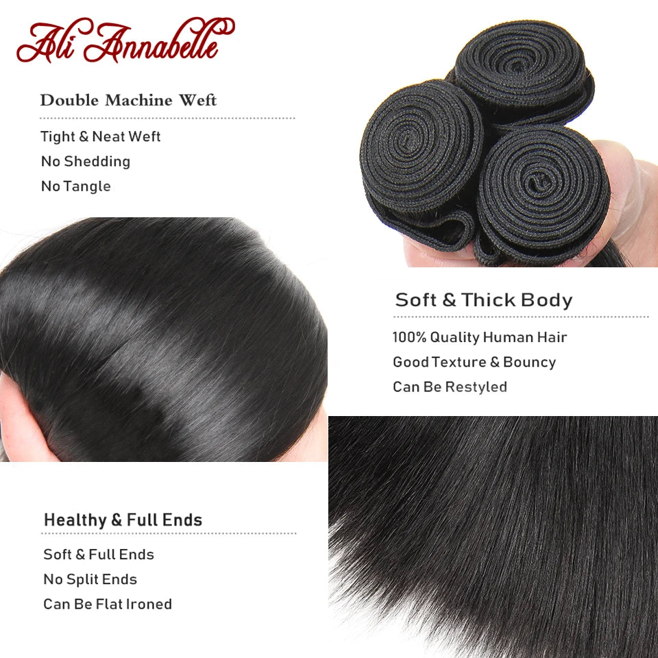 ALI ANNABELLE Straight Human Hair Bundles 30 28 26 Inch 1 3 4 Bundles Deals Natural Color Long Peruvian Hair Weave Bundles