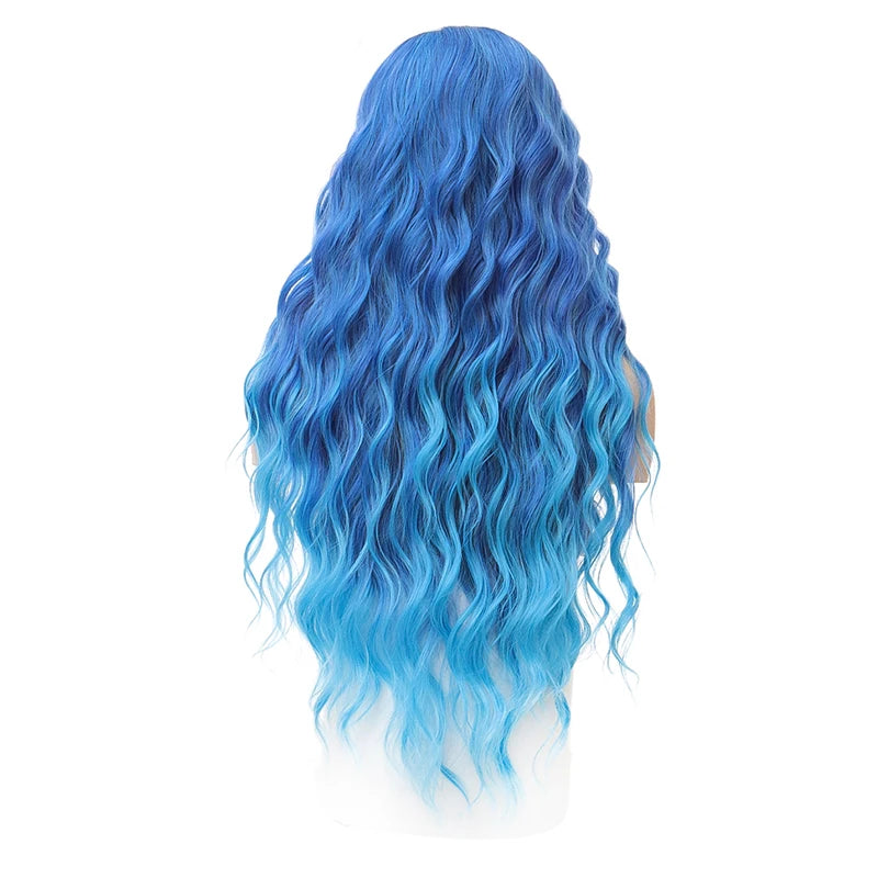 Synthetic Lace Wig 29 Inch Gradient blue Long Wavy hair Lace Wig For Women High Temperature Fiber Natural Hair Cosplay Wigs