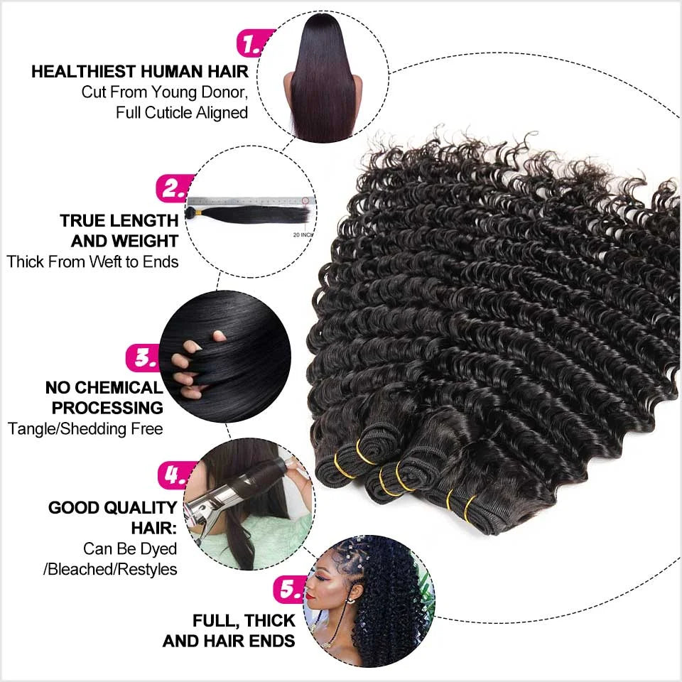 Brazilian Deep Wave Hair Bundles 100% Remy Human Hair Extensions 1 3 4 Bundle Deals ALI GRACE Deep Wave Human Hair Bundles