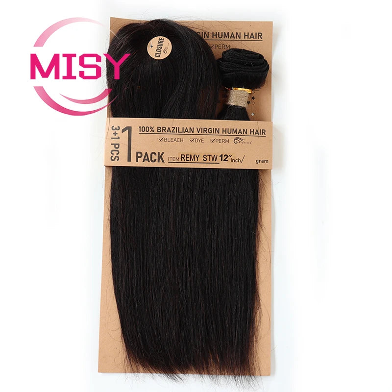 Short Straight Human Hair Bundles Brazilian Remy Hair Weaves 3 Bundles With Closure Natural Black Straight Bundles With Closure