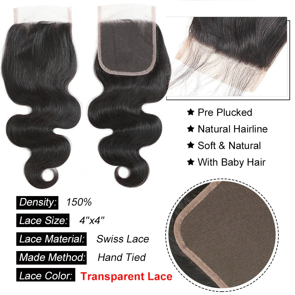 Brazilian Body Wave 3/4Bundles With 4x4 Closure 100% Human Hair Bundles With Lace Closure Virgin Hair Weave Extension For Women