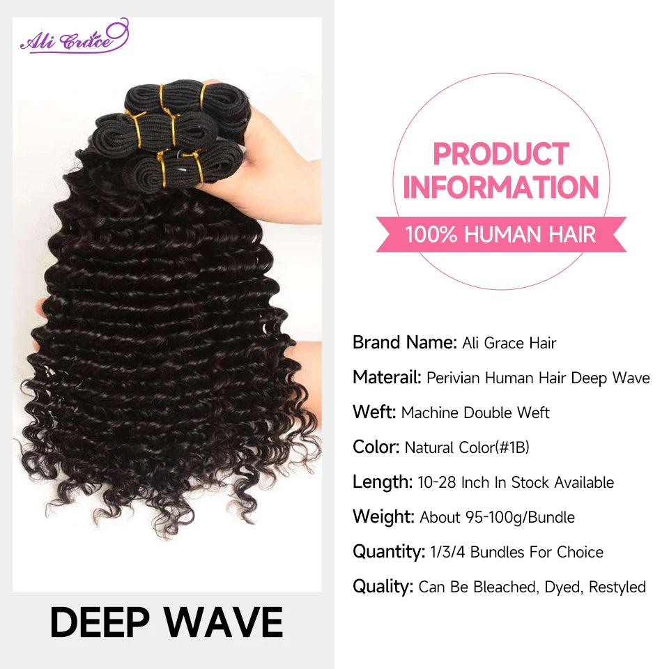 ALI GRACE Hair Peruvian Deep Wave Human Hair Bundles 100% Remy Human Hair Weave Natural Color 10-28 Inch 1 3 4 Bundle Deals