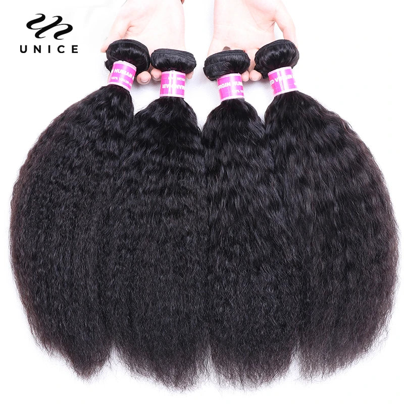 UNice Hair Brazilian Kinky Straight Hair Bundles Human Hair Bundles Remy Human Hair Extensions 1/3/4 Pieces Double Weft