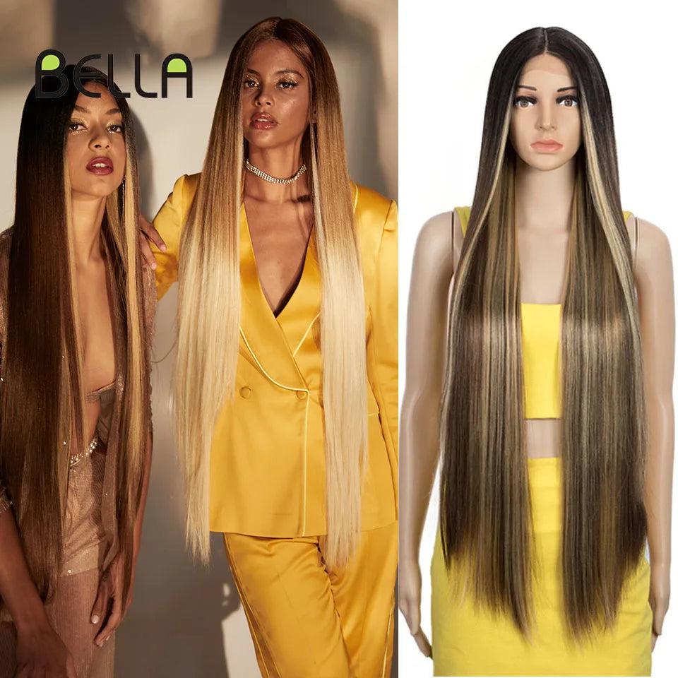 Bella Synthetic Lace Wig Straight Wig 38 Inch Super Long Straight Hair T Part Lace Wig Pink Blonde Brown Cospaly Wigs For Woman