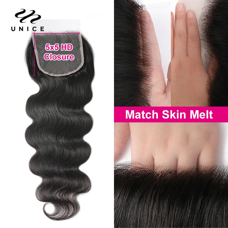 UNICE Hair Body Wave Bundles With 5X5 HD Lace Closure Human Hair Bundles With 4X4 Lace Closure 8-30 Inch Human Hair Weave Bundle