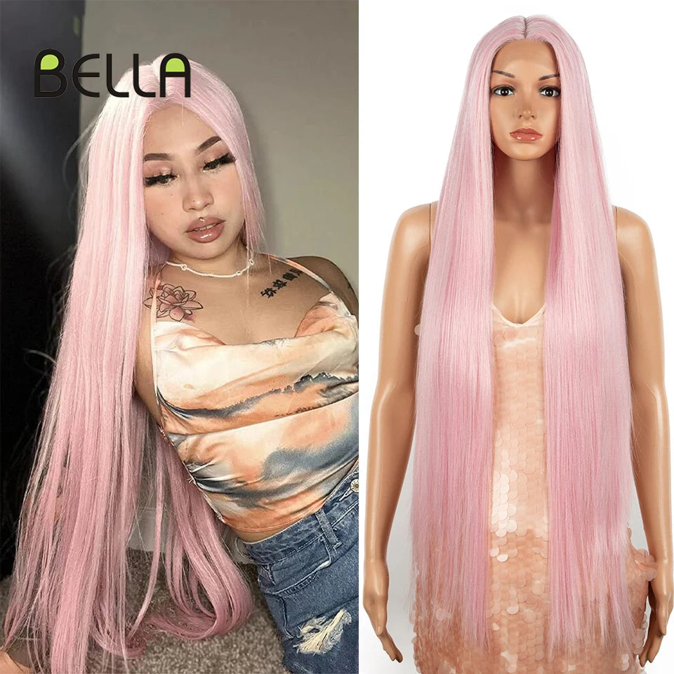Bella Synthetic Lace Wig Straight Wig 38 Inch Super Long Straight Hair T Part Lace Wig Pink Blonde Brown Cospaly Wigs For Woman