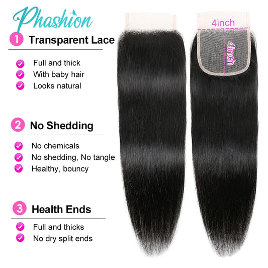 Phashion 13X4 Lace Frontal Straight 4x4 5X5 Closure Only Body Wave Pre Plucked Swiss HD Transparent 100% Remy Human Hair On Sale