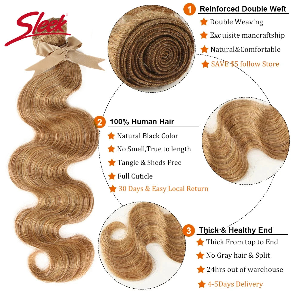 Sleek Blonde 27 Colored Hair Brazilian Body Wave Natural Remy Human Hair Bundles 8 To 26 Inches Sold By 1/3/4 Hair Extension