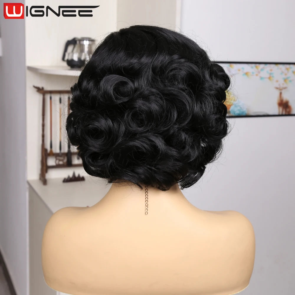 WIGNEE Pixie Short Wigs Synthetic Hair Body Wave Wig Side Part Lace Wig Natural Hair Wigs For Women Black Wig Heat Resistant