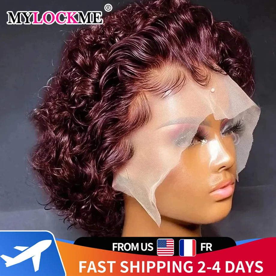 Short Wigs Human Hair Curly Human Hair Wigs 99j Cheap Pixie Cut Wig 13X1 Transparent Lace Wig Preplucked Hairline Wigs For Women