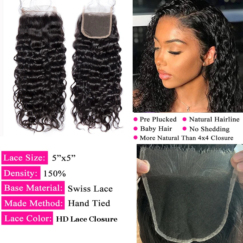 Alibele 5x5 HD Lace Closure With Bundles Malaysia Water Wave Bundles With Closure Long Human Hair Bundles With 4x4 Lace Closure