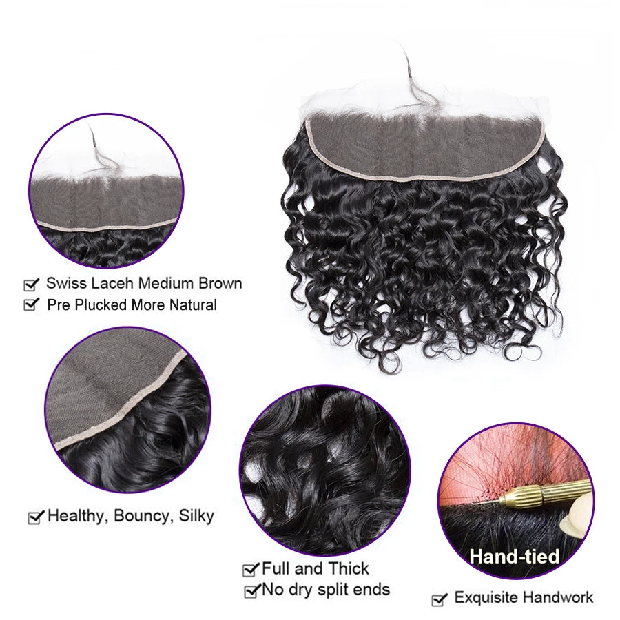 10A Peruvian Hair Bundles With Frontal Water Wave Bundles With Frontal Closure 13x4 Ear to Ear Lace Human Hair Weave Extensions