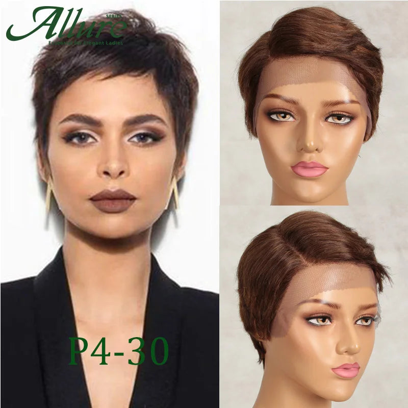 Short Black Pixie Cut Human Hair Wigs Women Colored T Part Lace Wig Cheap Blonde 613 Ombre Brown Brazilian Remy Hair Wig Allure