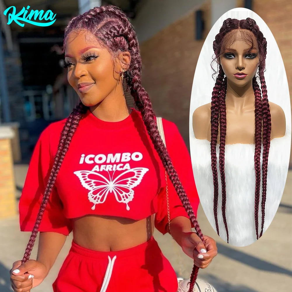 Synthetic Lace Wig Braided Wigs Natural Dark 37 Inches Black Burgundy Wig For Black Women American African Wig Wholesale Cheap