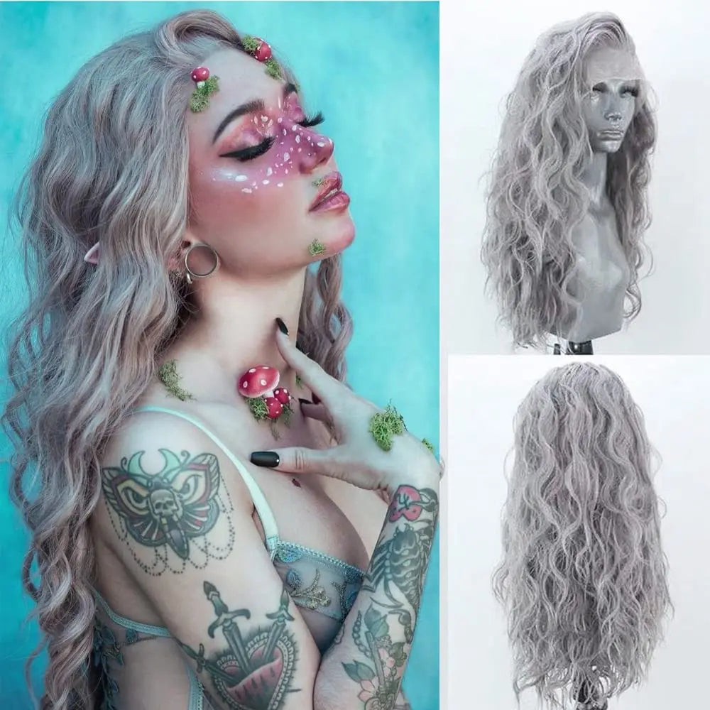 AIMEYA Silver Grey Loose Curly Wig Heat Resistant Synthetic Lace Front Wig for Women Blonde Synthetic Lace Wig Cosplay Wigs