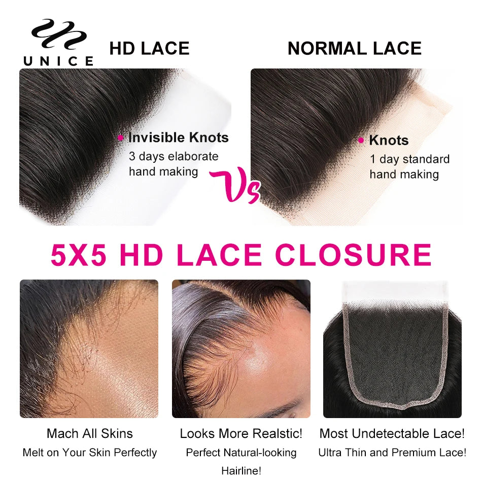 UNICE Hair Body Wave Bundles With 5X5 HD Lace Closure Human Hair Bundles With 4X4 Lace Closure 8-30 Inch Human Hair Weave Bundle