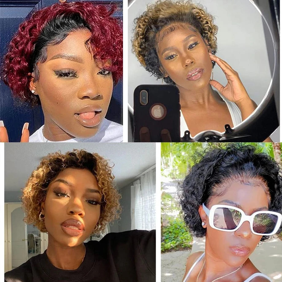 Short Curly Human Hair Wigs 1B/30 Burgundy Pixie Cut Wig 99J Cheap Human Hair Wig 13X1 Transparent Lace Wig For Women MYLOCKME