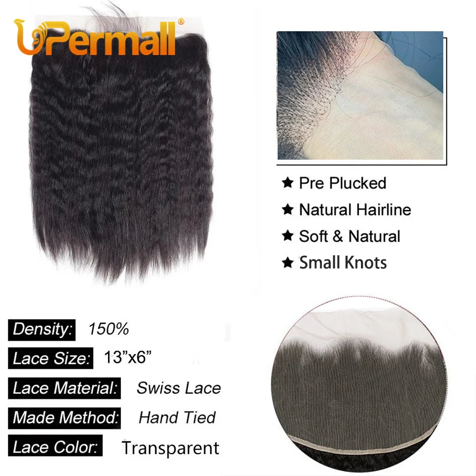 Upermall 13x6 Lace Frontal Closure Kinky Straight Pre Plucked Swiss HD Transparent Full Front Only Natural Black Remy Human Hair