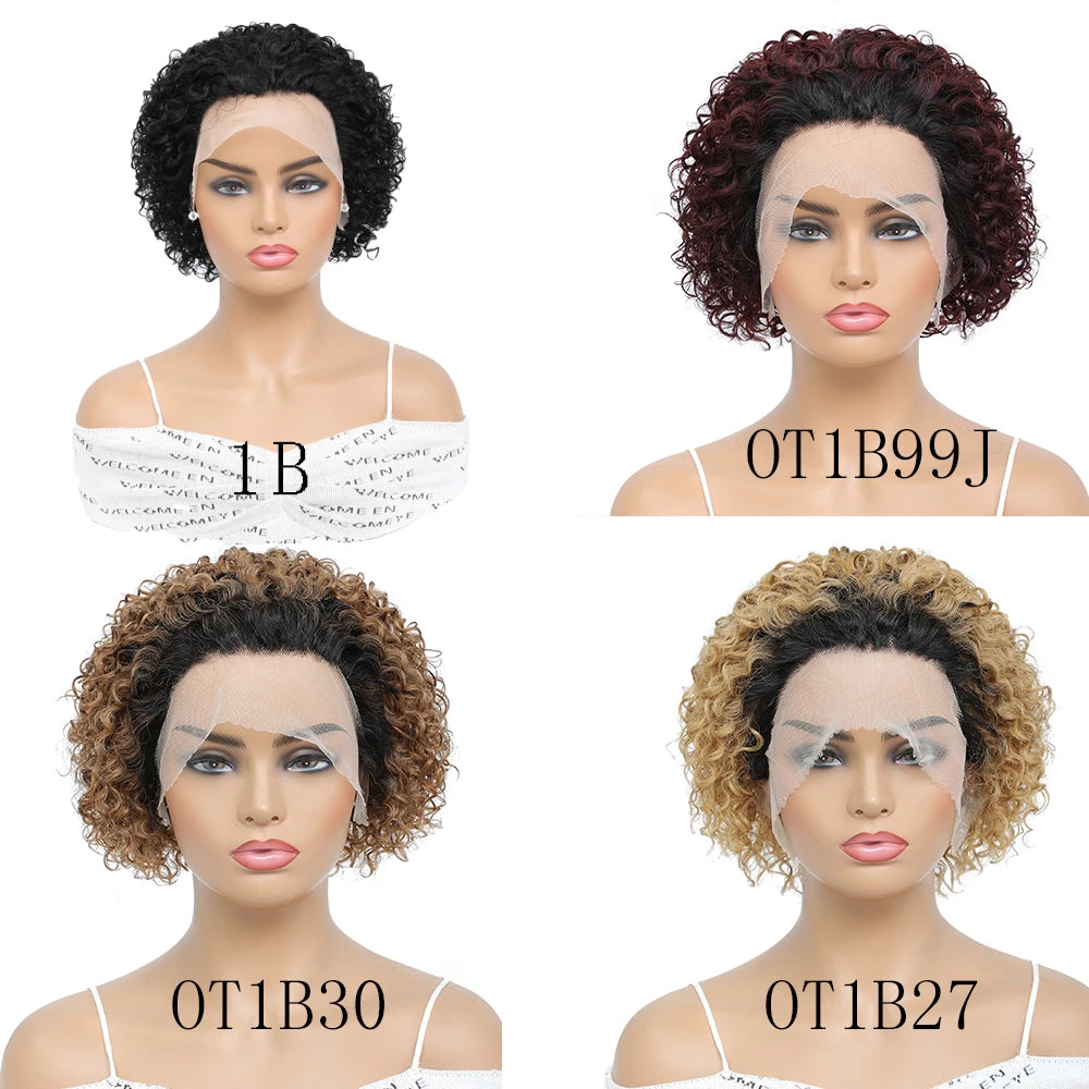 Short Pixie Cut Lace Wig Ombre Blonde Curly Human Hair Wigs 13X1 Water Wave Remy Hair Lace Bob Wig For Black Women Brazilian Wig