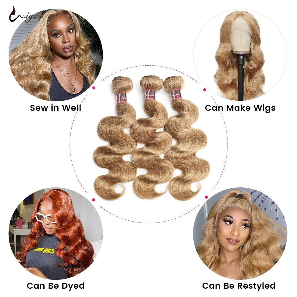 30 Inch Bundles #27 Honey Blonde Human Hair Extension Bundles Ombre Brazilian Hair Weave 3 Bundles 10A Colored Body Wave Bundles