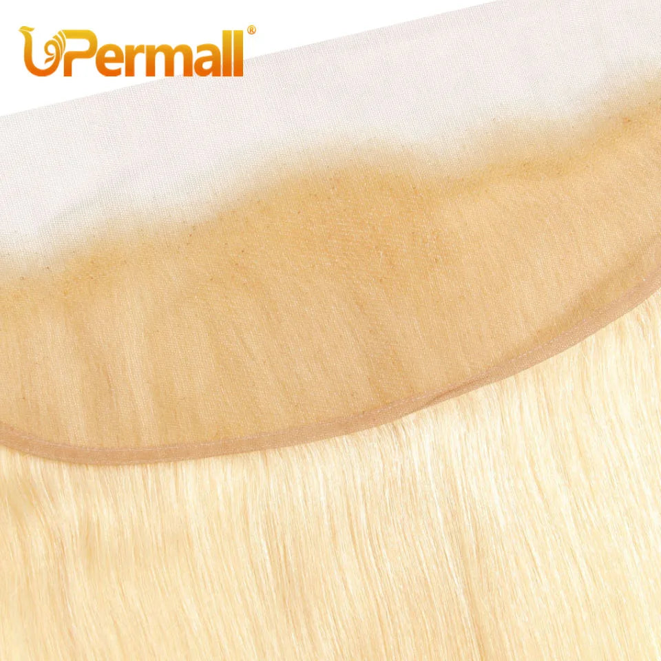 Upermall #613 Blonde 13x4 Lace Frontal Straight Pre Plucked Swiss HD Transparent 4x4 5x5 Closure 100% Remy Human Hair On Sale