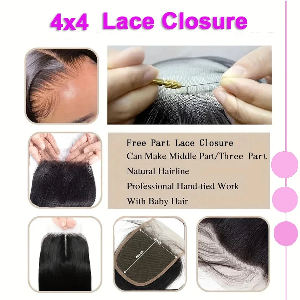 Brazilian Straight Lace Closure 4x4 Transparent Swiss Lace Closure Pure-Hand Tied 4x4 Lace Frontal Human Hair Lace Closure 10-22