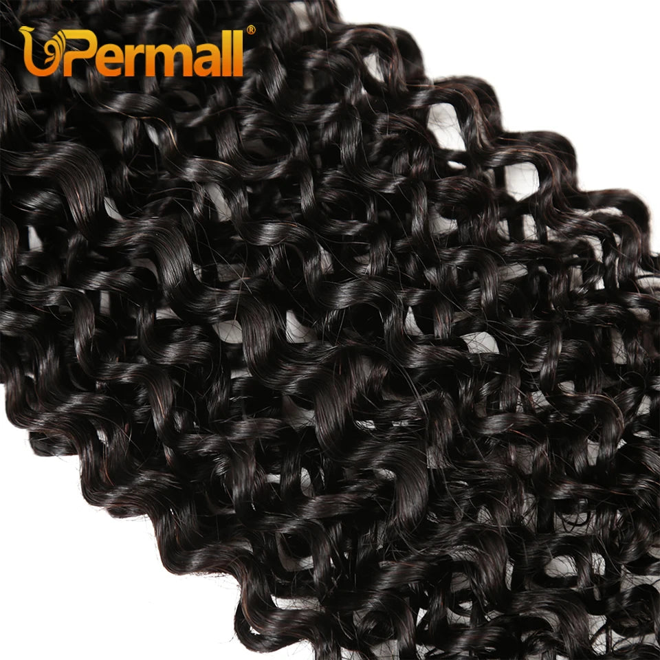 Upermall 3/4 Brazilian Remy Kinky Curly Human Hair Bundles With Closure HD Transparent 4x4 Lace Closure and Weave Extension Soft