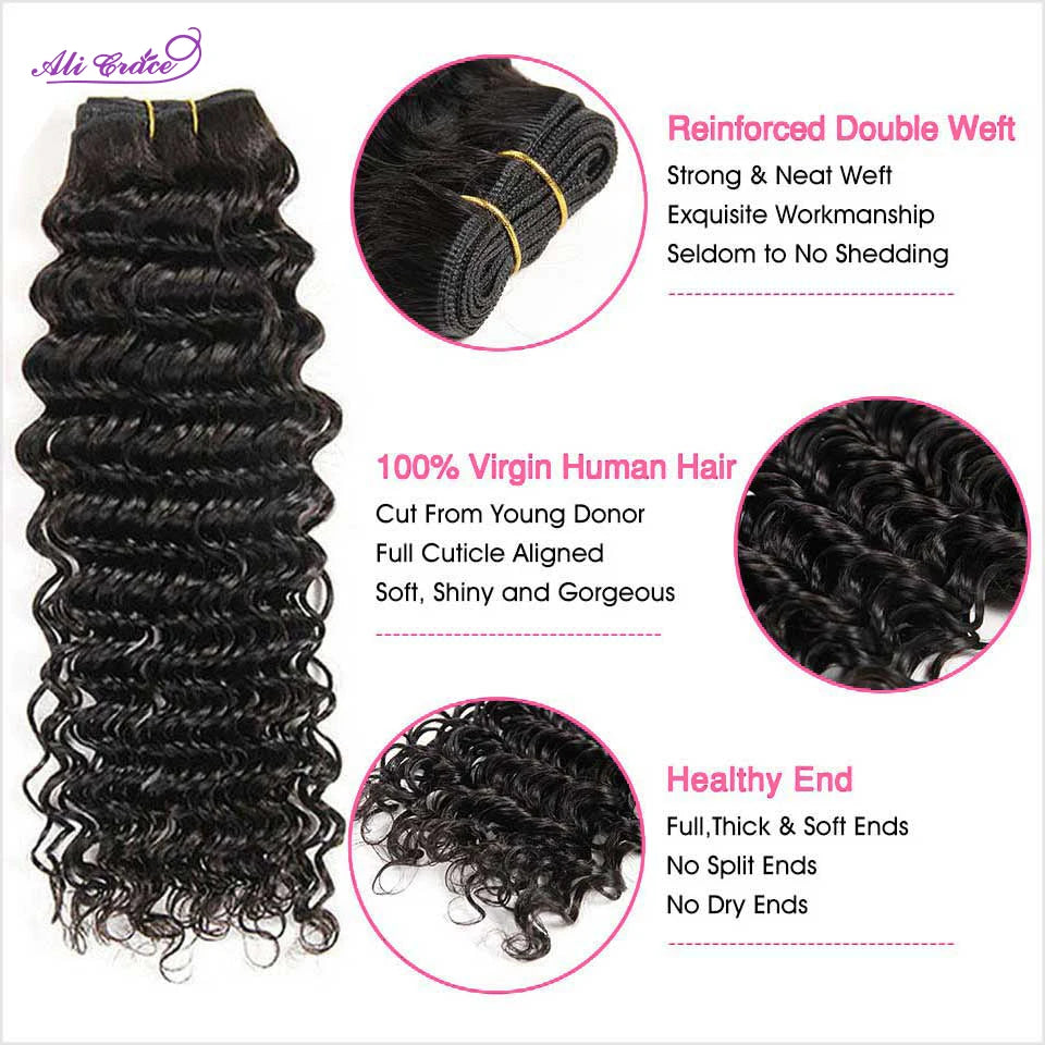 ALI GRACE Hair Peruvian Deep Wave Human Hair Bundles 100% Remy Human Hair Weave Natural Color 10-28 Inch 1 3 4 Bundle Deals