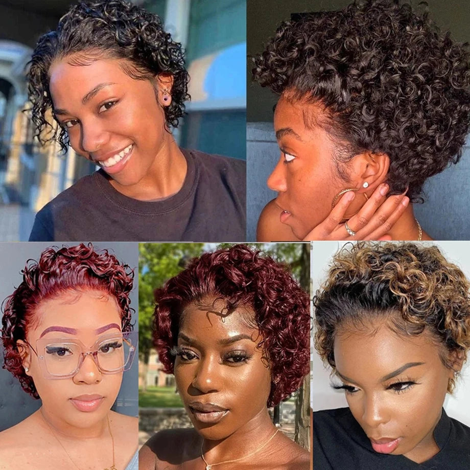 Short Curly Human Hair Wigs 1B/30 Burgundy Pixie Cut Wig 99J Cheap Human Hair Wig 13X1 Transparent Lace Wig For Women MYLOCKME