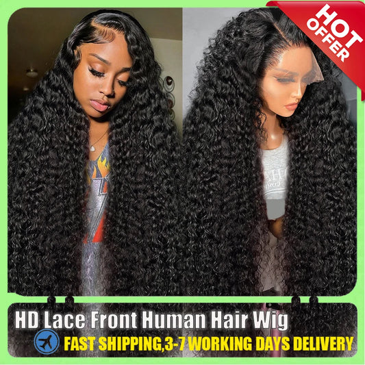 HD 13X6  Transparent Deep Water Wave Curly Lace Frontal Wigs For Black Women 30 34 40 Inch13X4 Front Human Hair Wig Glueless Wig