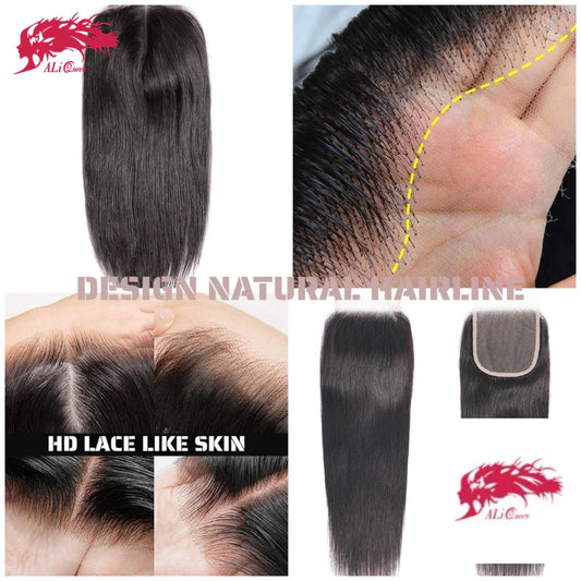 Ali Queen Hair Products 4x4 5x5 6x6 7x7 HD Lace Closure Invisible Melt Skin Full Frontal 13x6 13x4 Indian Virgin Hair