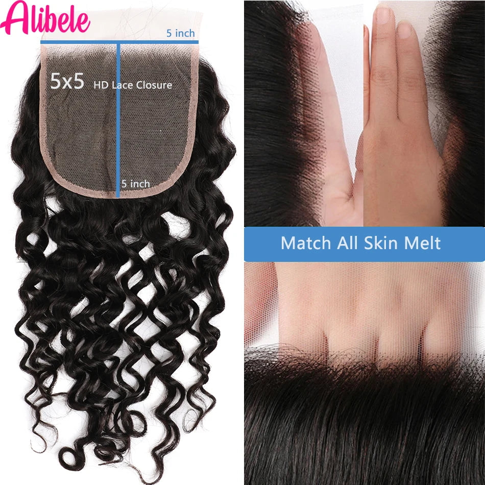 Alibele 5x5 HD Lace Closure With Bundles Malaysia Water Wave Bundles With Closure Long Human Hair Bundles With 4x4 Lace Closure