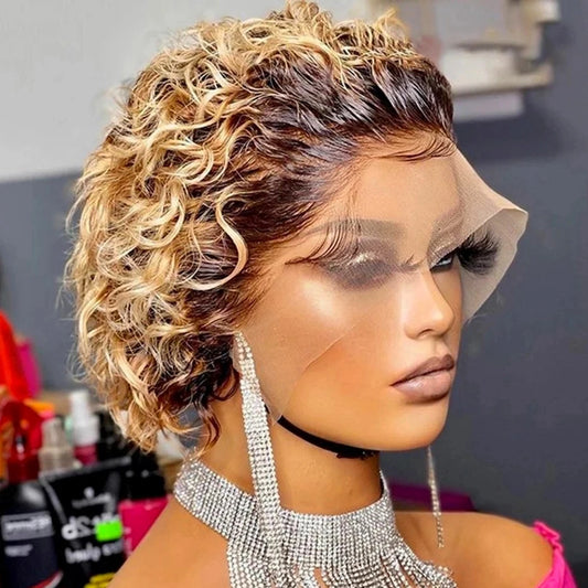 Short Curly Human Hair Wigs 1B/30 Burgundy Pixie Cut Wig 99J Cheap Human Hair Wig 13X1 Transparent Lace Wig For Women MYLOCKME