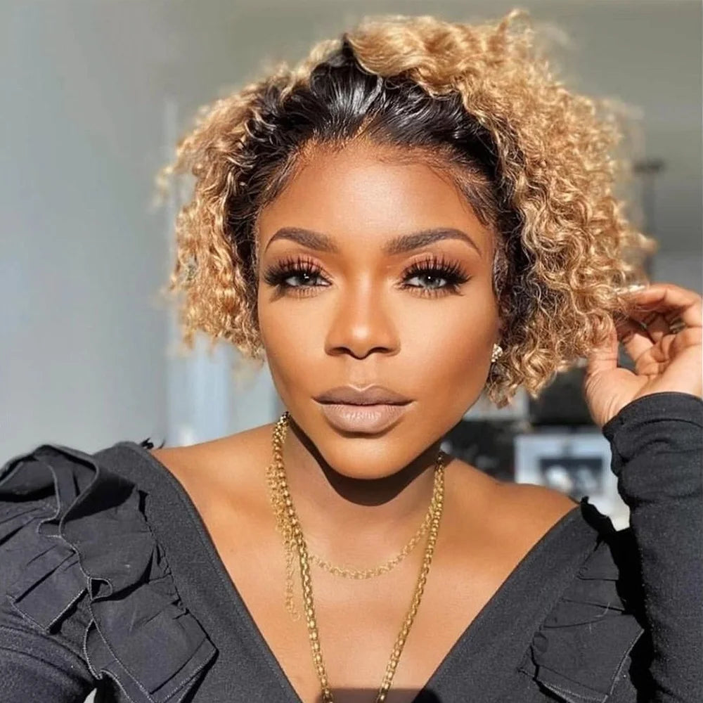 Short Pixie Cut Lace Wig Ombre Blonde Curly Human Hair Wigs 13X1 Water Wave Remy Hair Lace Bob Wig For Black Women Brazilian Wig
